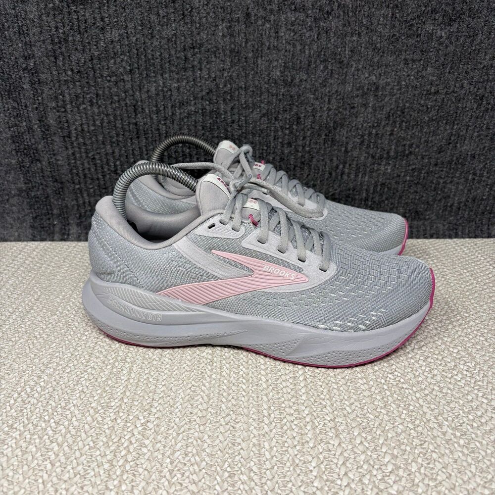 Brooks Adrenaline GTS 24 Grey Pink Alloy White Zephyr Running Shoes Womens 8 2A